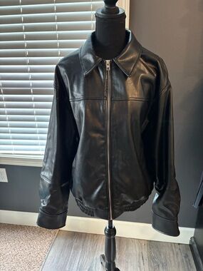 Zara Black Faux Leather Zip-Front Bomber Jacket